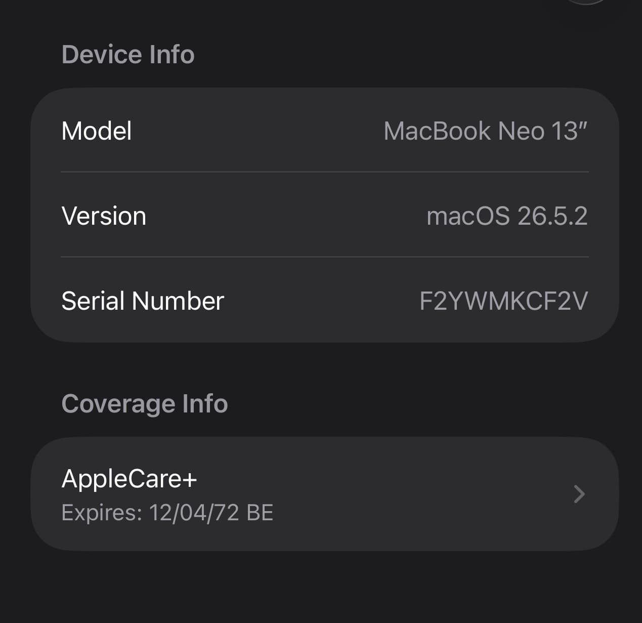 Apple MacBook Neo 13” 512GB สี Indigo ประกัน Apple Care+ ถึง 12/04/2572